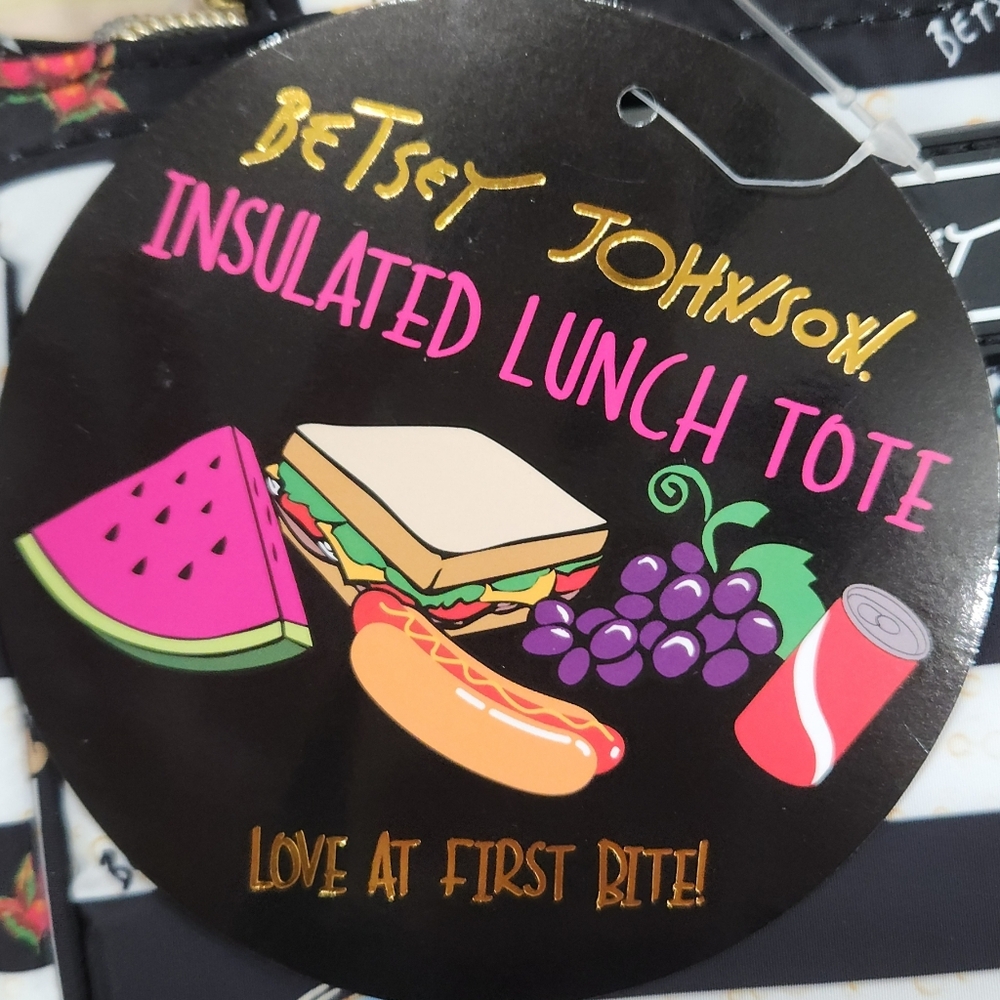 NWT Betsey Johnson "Caviar & Bubbly" Insulated Lunch Tote Chic Striped Bag - Picture 14 of 17